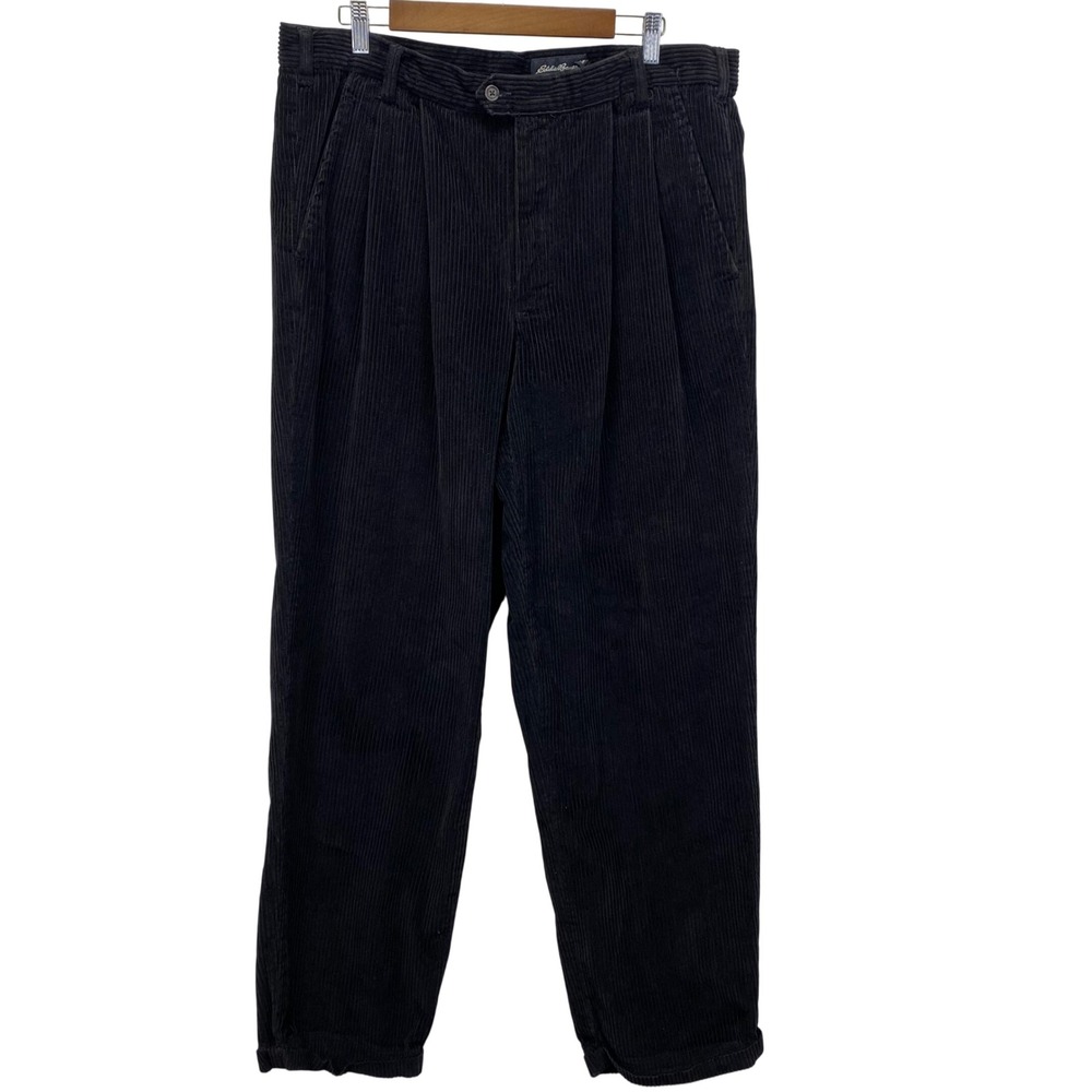 Vintage Eddie Bauer Mens Black Corduroy Pleated Pants Size 38x32 Rolled Hem Y2K
